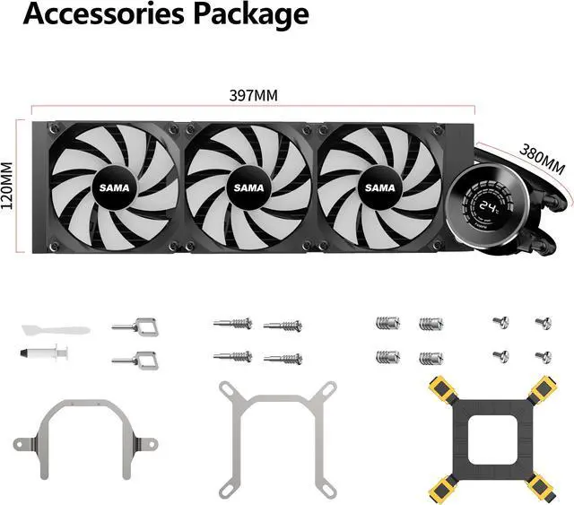 Alt view image 6 of 7 - SAMA T360 Black liquid Cooler 360mm ARGB AIO Radiator LCD Temperature Display Screen  CPU Cooler with PWM Silent Fans