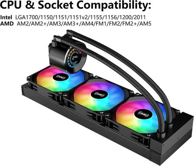 Alt view image 5 of 7 - SAMA T360 Black liquid Cooler 360mm ARGB AIO Radiator LCD Temperature Display Screen  CPU Cooler with PWM Silent Fans