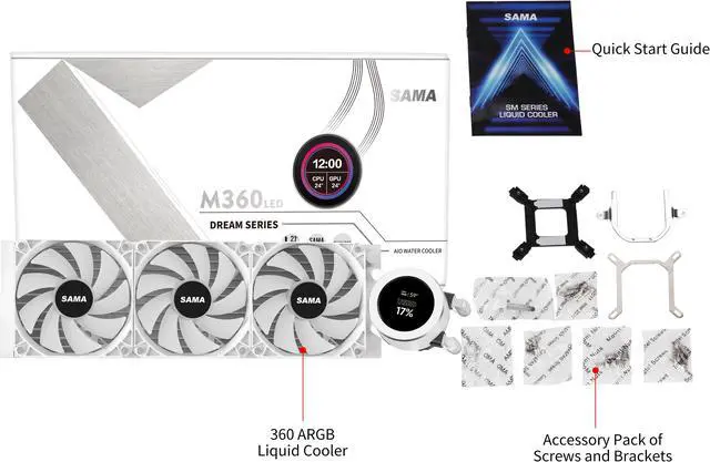 Alt view image 6 of 7 - SAMA SM360 White liquid Cooler 360mm ARGB AIO Radiator LCD Video Temperature Display Screen  CPU Cooler with PWM Silent Fans