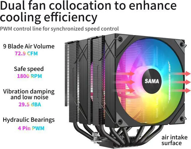 Alt view image 3 of 6 - SAMA 6PDW ARGB Black CPU Air Cooler 120mm Cooling Fan Addressable RGB Aluminum PC CPU Heatsink for Intel 775/115X/1700/1200/1366 AMD FM2+/FM2/FM1/AM4/AM3/M2+/AM2/AM5