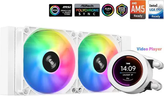 Main image of SAMA SM240 White liquid Cooler 240mm White with ARGB AIO Radiator LCD Video Temperature Display Screen, PC CPU Cooler with PWM Silent Fans
