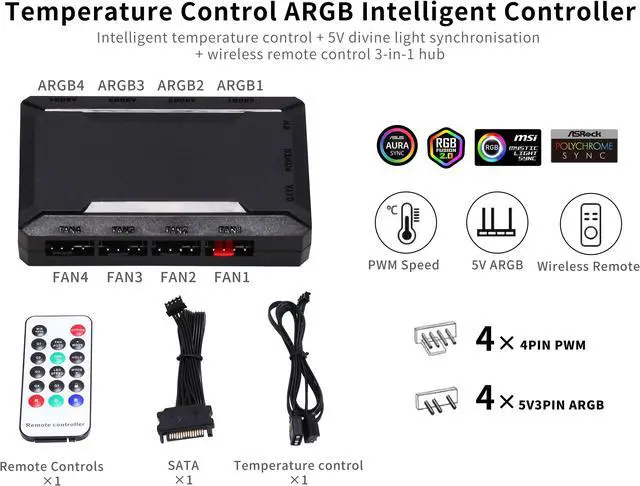 Alt view image 3 of 7 - SAMA 5V 3 Pin ARGB Fan HUB,Pwm Fan Temperature Controller Integrator, Remote Control Computer RGB Light Adapter , 4 * 4 Pin Fan Speed Controller Ports , 4 * 5v 3pin A-RGB Ports (Black)