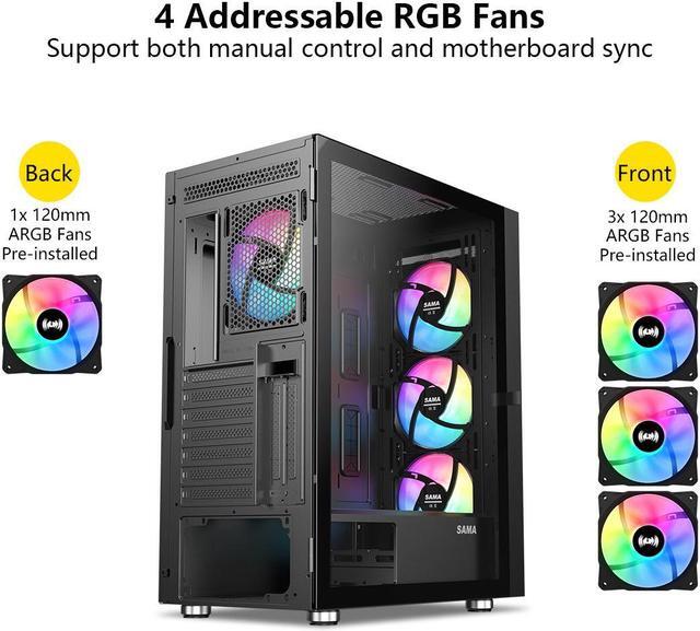 Alt view image 5 of 7 - SAMA 3509 Tempered Glass Open Door Gaming ATX Computer PC Case Mid Tower Black with 4 Addressable RGB Fans Pre-installed