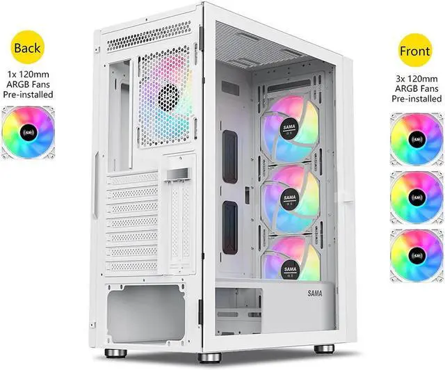 Alt view image 5 of 8 - SAMA 3509 White Mid Tower Gaming PC Case with Door Open Tempered Glass, 4 Pre-installed RGB Airflow Cooling Fans