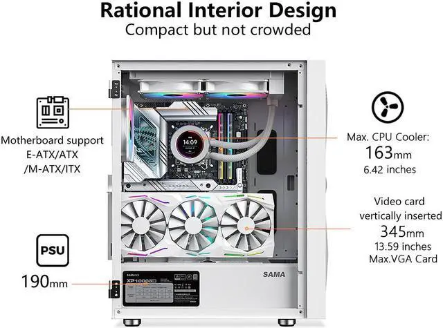 Alt view image 7 of 8 - SAMA 3509 White Mid Tower Gaming PC Case with Door Open Tempered Glass, 4 Pre-installed RGB Airflow Cooling Fans