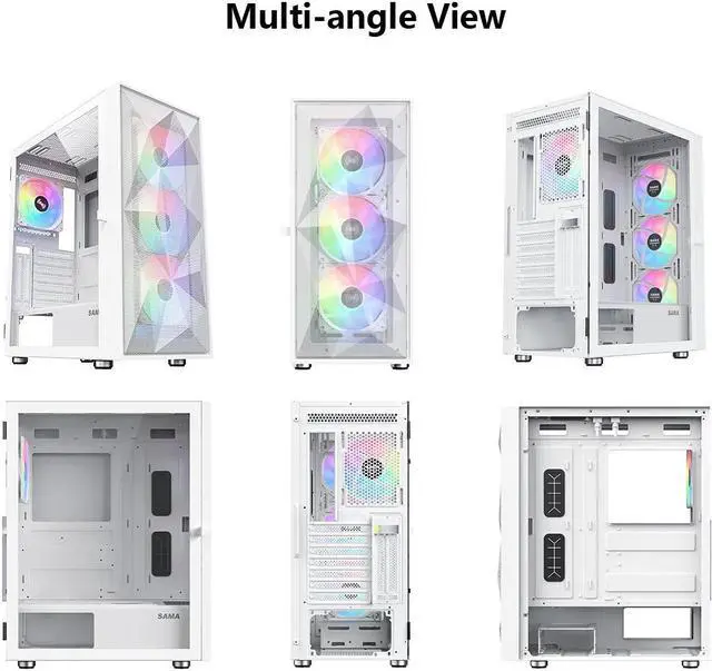 Alt view image 4 of 8 - SAMA 3509 White Mid Tower Gaming PC Case with Door Open Tempered Glass, 4 Pre-installed RGB Airflow Cooling Fans