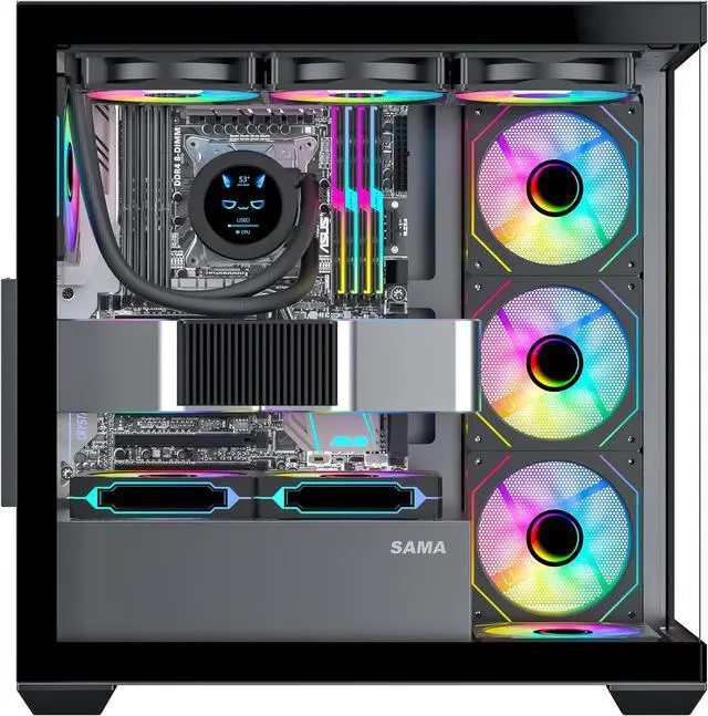 Alt view image 3 of 7 - SAMA SV01 Gaming PC Case Computer Mid Tower ATX Case with 4 Addressable RGB Fans Pre-Installed, Back Plug Motherboard Design, Tempered Glass Transparent Side Panel, Black