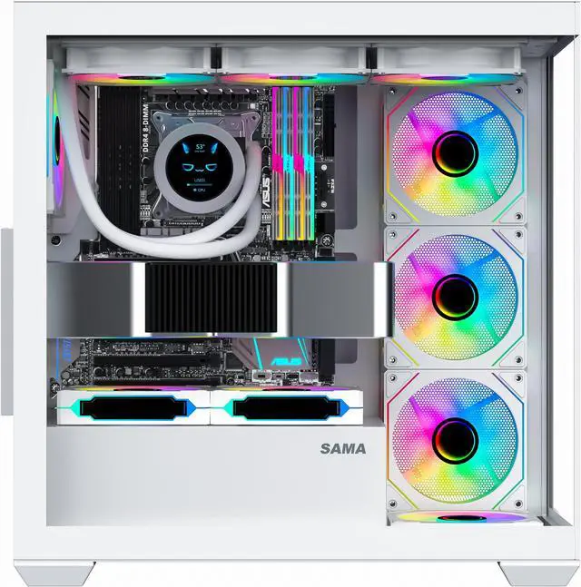Alt view image 4 of 7 - SAMA SV01 Mid Tower ATX Gaming PC Computer Case White, 4 Addressable RGB Fans Pre-Installed, Tempered Glass Side Panel, Back Plug Motherboard Design