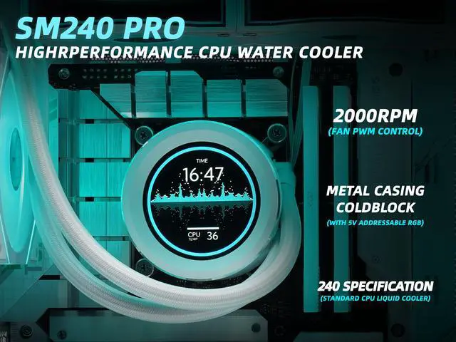 Alt view image 6 of 7 - SAMA SM240 PRO White liquid Cooler 240mm ARGB AIO Radiator 2.8-inch LCD Video Temperature Display Screen CPU Cooler with PWM Silent Fans
