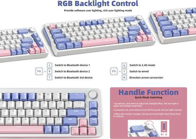 Alt view image 4 of 7 - SAMA SM68 Wireless Gaming Keyboard ,Triple Mode BT5.0/2.4G/USB-C Mechanical Keyboard,68 Keys Hot-Swappable Compact Keyboard,Rechargeable &Multifunctional  RGB Backlit Ergonomic Mini Office Keyboard