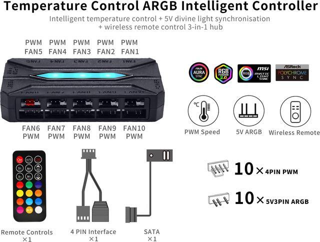 Alt view image 4 of 7 - SAMA 20-Port Case Fan Hub with Remote, SATA Power 10-Port 4-Pin PWM Fan Speed and 10-Port 3-Pin ARGB Lighting Controller