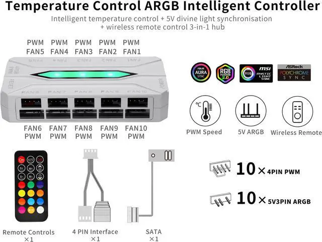 Alt view image 3 of 7 - SAMA 20-Port Case Fan Hub with Remote, SATA Power 10-Port 4-Pin PWM Fan Speed and 10-Port 3-Pin ARGB Lighting Controller
