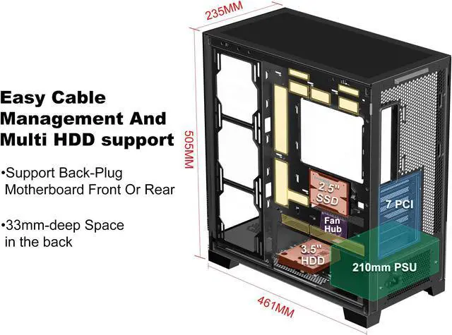 Alt view image 4 of 14 - SAMA 4503 Dual USB3.0 and Type C Tempered Glass ATX Mid Tower Gaming PC Computer Case, w/ 4 x 120mm ARGB Fans (3 x MB Side, 1 x Rear) Pre-Installed, Back Plug Motherboard Design
