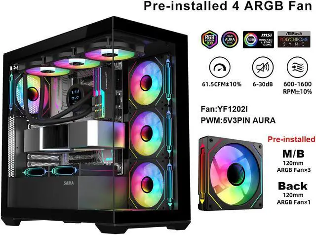 Alt view image 3 of 7 - SAMA SV01 Mid Tower ATX Gaming PC Computer Case Black, 4 Addressable RGB Fans Pre-Installed, Tempered Glass Side Panel, Back Plug Motherboard Design