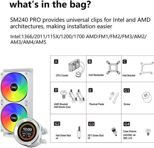 Alt view image 7 of 7 - SAMA SM240 PRO White liquid Cooler 240mm ARGB AIO Radiator 2.8-inch LCD Video Temperature Display Screen CPU Cooler with PWM Silent Fans
