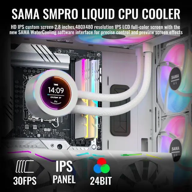 Alt view image 2 of 7 - SAMA SM240 PRO White liquid Cooler 240mm ARGB AIO Radiator 2.8-inch LCD Video Temperature Display Screen CPU Cooler with PWM Silent Fans