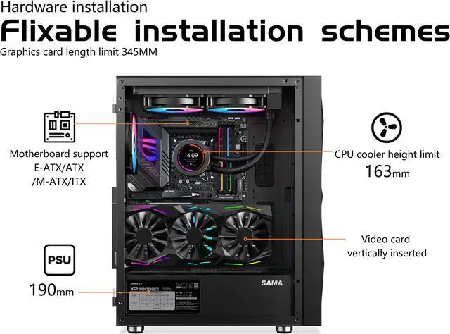 Alt view image 3 of 7 - SAMA 3509 Open Door Tempered Glass ATX Mid Tower Gaming Computer Case,4 x ARGB Fans Pre-Installed