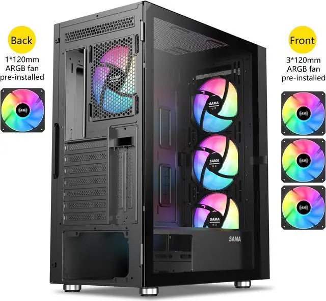 Alt view image 5 of 7 - SAMA 3509 Open Door Tempered Glass ATX Mid Tower Gaming Computer Case,4 x ARGB Fans Pre-Installed