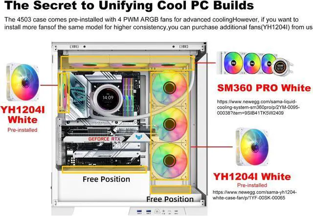 Alt view image 8 of 7 - SAMA 4503 Dual USB3.0 and Type C Tempered Glass ATX Mid Tower Gaming PC Computer Case, w/ 4 x 120mm ARGB Fans (3 x MB Side, 1 x Rear) Pre-Installed, Back Plug Motherboard Design