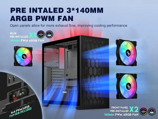 Alt view image 2 of 7 - SAMA V Mesh Gaming PC Case, 3x 140mm ARGB Fans Included, High-Airflow ATX Mid-Tower Case with Tempered Glass, USB Type-C, and Back-Plug Motherboard Support, Black