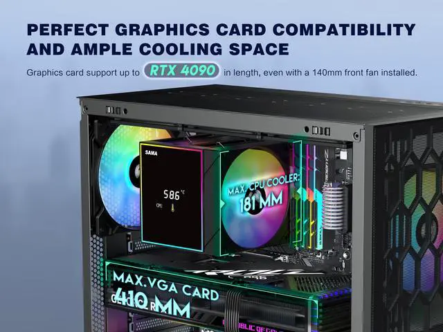 Alt view image 4 of 7 - SAMA V Mesh Gaming PC Case, 3x 140mm ARGB Fans Included, High-Airflow ATX Mid-Tower Case with Tempered Glass, USB Type-C, and Back-Plug Motherboard Support, Black