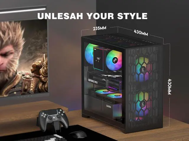 Alt view image 7 of 7 - SAMA V Mesh Gaming PC Case, 3x 140mm ARGB Fans Included, High-Airflow ATX Mid-Tower Case with Tempered Glass, USB Type-C, and Back-Plug Motherboard Support, Black