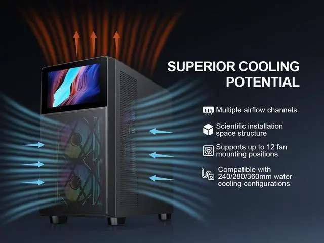 Alt view image 5 of 7 - SAMA V-play ATX Mid Tower High-end Gaming Computer PC Case With 8-inch LCD Display, Tempered Glass Side Panels, Supports Multiple Cooling Configurations Black