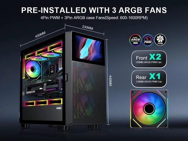 Alt view image 4 of 7 - SAMA V-play ATX Mid Tower High-end Gaming Computer PC Case With 8-inch LCD Display, Tempered Glass Side Panels, Supports Multiple Cooling Configurations Black