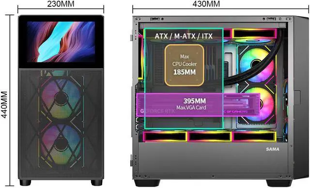 Alt view image 7 of 7 - SAMA V-play ATX Mid Tower High-end Gaming Computer PC Case With 8-inch LCD Display, Tempered Glass Side Panels, Supports Multiple Cooling Configurations Black