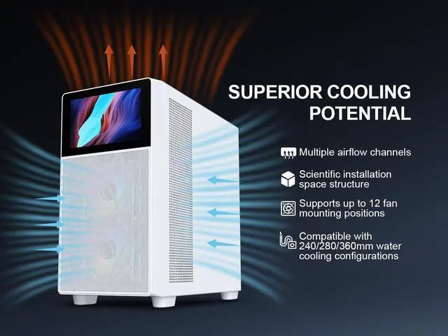 Alt view image 4 of 7 - SAMA V-play ATX Mid Tower High-end Gaming Computer PC Case With 8-inch LCD Display, Tempered Glass Side Panels, Supports Multiple Cooling Configurations White