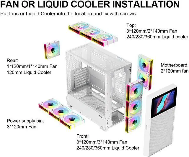 Alt view image 5 of 7 - SAMA V-play ATX Mid Tower High-end Gaming Computer PC Case With 8-inch LCD Display, Tempered Glass Side Panels, Supports Multiple Cooling Configurations White