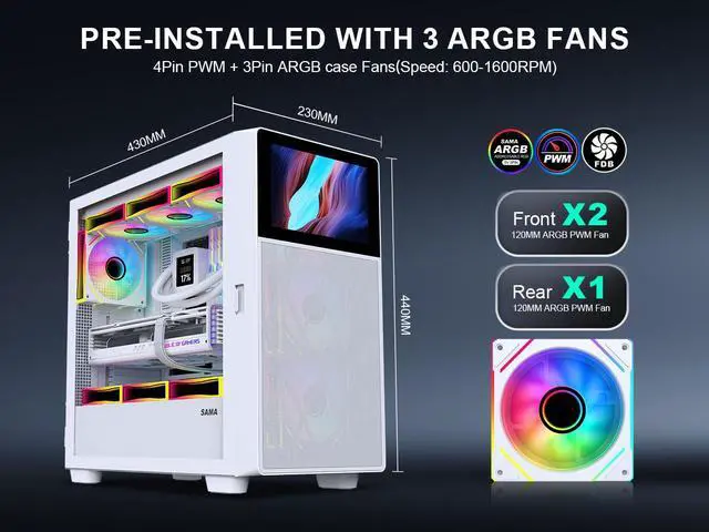 Alt view image 4 of 7 - SAMA V-play ATX Mid Tower High-end Gaming Computer PC Case With 8-inch LCD Display, Tempered Glass Side Panels, Supports Multiple Cooling Configurations White