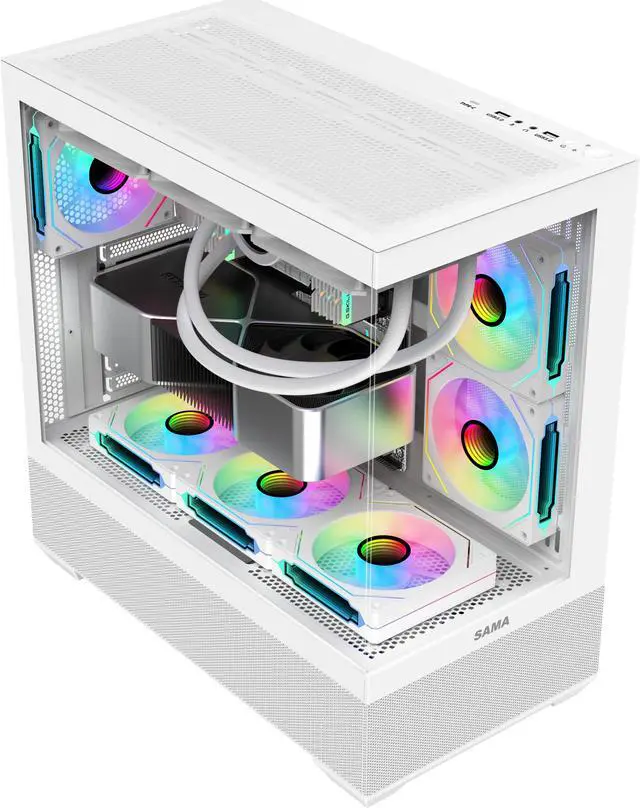 Alt view image 6 of 7 - SAMA SV02 Dual USB3.0 and Type C Tempered Glass ATX Mid Tower Gaming PC Computer Case, 3 Addressable RGB Fans Pre-Installed, Support BTF Back Plug Motherboard