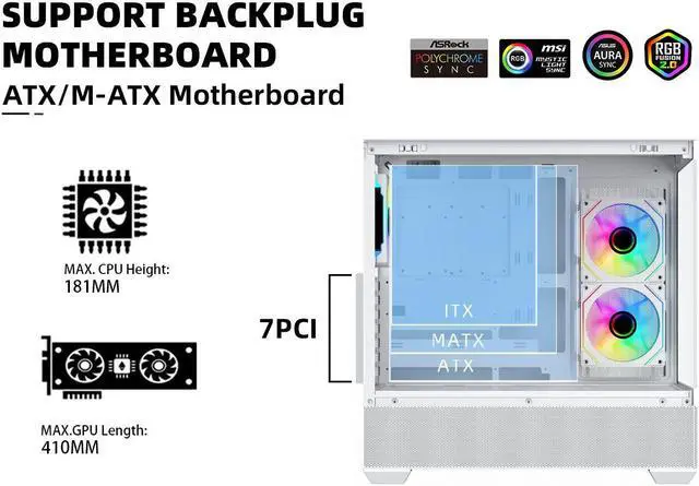 Alt view image 3 of 7 - SAMA SV02 ATX Mid Tower Gaming Computer Case,Type C Dual USB3.0 Tempered Glass PC Case w/ 3 x 120mm ARGB Fans (2 x MB Side, 1 x Rear) Pre-Installed