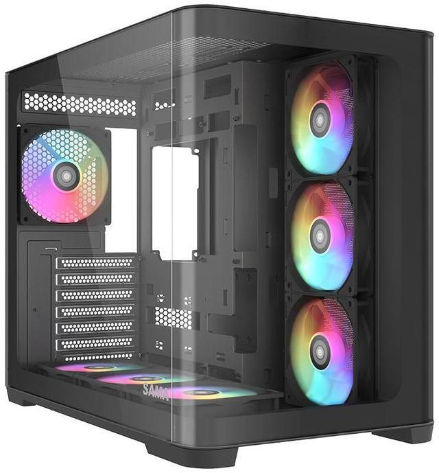 SAMA V60 Black Computer Case, Mid-Tower PC Case, A Curved Tempered Glass, 7 Pre-Installed ARGB PWM Fans and Fan Hub, USB Type-C, ATX/MATX/ITX Back-Connect Support, 360mm Liquid Cooler Compatible