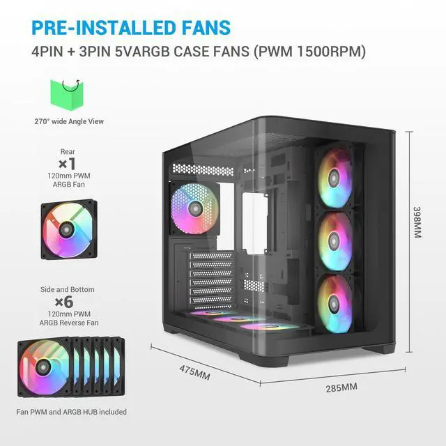 Alt view image 3 of 7 - SAMA V60 PC Case, Mid-Tower Computer Case, A Curved Tempered Glass, 7 Pre-Installed ARGB PWM Fans and Fan Hub, USB Type-C, ATX/MATX/ITX Back-Connect Support, 360mm Liquid Cooler Compatible, Black