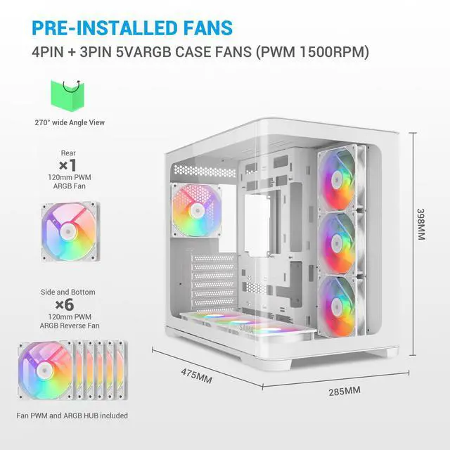 Alt view image 4 of 7 - SAMA V60 PC Case, Mid-Tower Computer Case, A Curved Tempered Glass, 7 Pre-Installed ARGB PWM Fans and Fan Hub, USB Type-C, ATX/MATX/ITX Back-Connect Support, 360mm Liquid Cooler Compatible, White