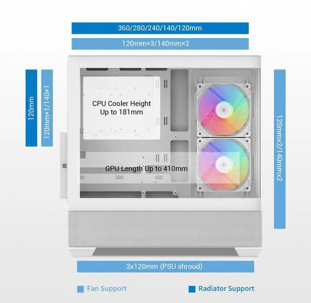 Alt view image 4 of 7 - SAMA V40 White ATX Mid Tower PC Case, 6 Pre-Installed 120mm ARGB PWM Fans, Dual Tempered Glass Panels, Vertical Airflow Design, Gaming Computer Case for ATX/Micro-ATX/ITX Motherboard