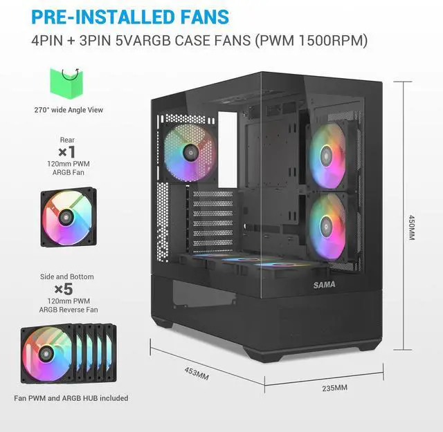 Alt view image 2 of 7 - SAMA V40 Black ATX Mid Tower PC Case, 6 Pre-Installed 120mm ARGB PWM Fans, Dual Tempered Glass Panels, Vertical Airflow Design, USB Type-C Port,  Gaming Computer Case for ATX/Micro-ATX/ITX Motherboard