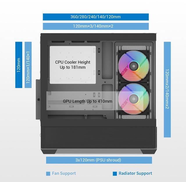 Alt view image 4 of 7 - SAMA V40 Black ATX Mid Tower PC Case, 6 Pre-Installed 120mm ARGB PWM Fans, Dual Tempered Glass Panels, Vertical Airflow Design, USB Type-C Port,  Gaming Computer Case for ATX/Micro-ATX/ITX Motherboard