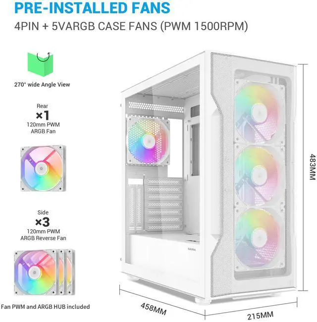 Alt view image 4 of 7 - SAMA S40 White ATX Mid Tower Case - High Airflow, 4x 120mm ARGB PWM Fans, Tempered Glass, Mesh Front, Type-C, Supports ATX/M-ATX/ITX & 4090 GPUs - Computer Case