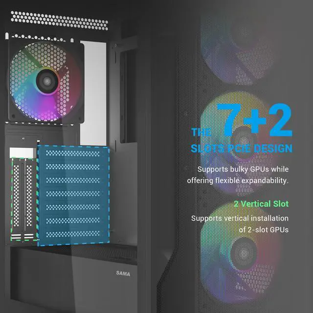 Alt view image 4 of 7 - SAMA S40 Black ATX Mid Tower Case - High Airflow, 4x 120mm ARGB PWM Fans, Tempered Glass, Mesh Front, Type-C, Supports ATX/M-ATX/ITX & 4090 GPUs - Computer Case