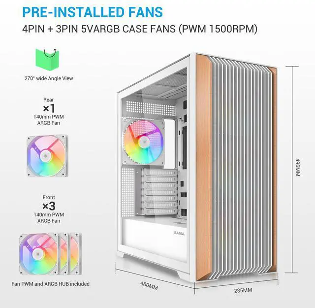 Alt view image 3 of 7 - SAMA Z60 White Genuine Walnut Wood PC Case, ATX Mid Tower, Pre-Installed 4x 140mm ARGB PWM Fans, Supports 360mm Radiator on Top, Type-C Port, Supports E-ATX/ATX/M-ATX/ITX, Gaming Case