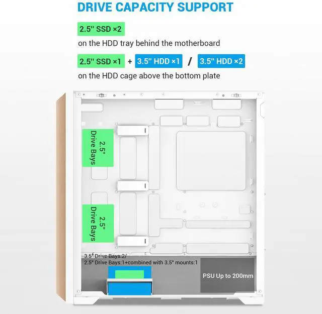 Alt view image 6 of 7 - SAMA Z60 White Genuine Walnut Wood PC Case, ATX Mid Tower, Pre-Installed 4x 140mm ARGB PWM Fans, Supports 360mm Radiator on Top, Type-C Port, Supports E-ATX/ATX/M-ATX/ITX, Gaming Case