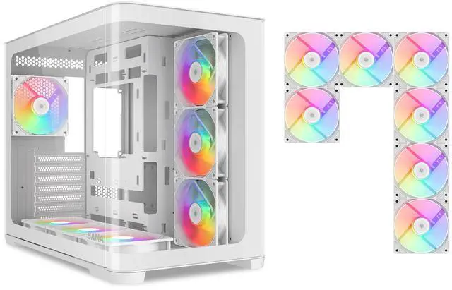 Main image of SAMA V60 PC Case, Mid-Tower Computer Case, A Curved Tempered Glass, 7 Pre-Installed ARGB PWM Fans and Fan Hub, USB Type-C, ATX/MATX/ITX Back-Connect Support, 360mm Liquid Cooler Compatible, White