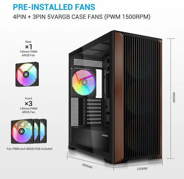 Alt view image 4 of 7 - SAMA Z60 Black Genuine Walnut Wood PC Case, ATX Mid Tower, Pre-Installed 4x 140mm ARGB PWM Fans, Supports 360mm Radiator on Top, Type-C Port, Supports E-ATX/ATX/M-ATX/ITX, Full Tower Computer Case