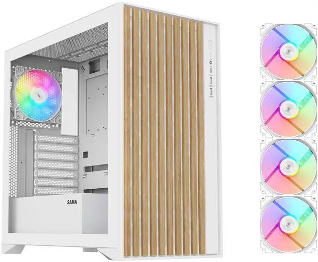 Main image of SAMA V Nature ATX MATX Mid Tower PC Case - Front Panel with 10 Walnut Colored European Beech Wood,4 Addressable RGB Fans Pre-Installed
