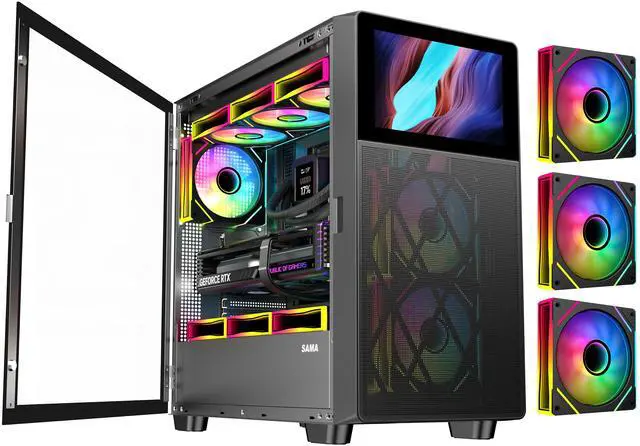 Main image of SAMA V-play ATX Mid Tower High-end Gaming Computer PC Case With 8-inch LCD Display, Tempered Glass Side Panels, Supports Multiple Cooling Configurations Black