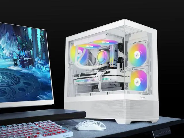 Alt view image 3 of 7 - SAMA V40 White ATX Mid Tower PC Case, 6 Pre-Installed 120mm ARGB PWM Fans, Dual Tempered Glass Panels, Vertical Airflow Design, Gaming Computer Case for ATX/Micro-ATX/ITX Motherboard