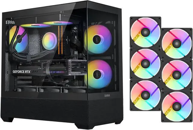 Main image of SAMA V40 Black ATX Mid Tower PC Case, 6 Pre-Installed 120mm ARGB PWM Fans, Dual Tempered Glass Panels, Vertical Airflow Design, USB Type-C Port,  Gaming Computer Case for ATX/Micro-ATX/ITX Motherboard